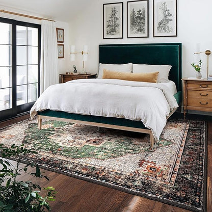 Area Rug 5x7 for Living Room Green Boho Non-Slip Washable Rug Vintage Low Pile Large Rug for Bedroom Dining Room