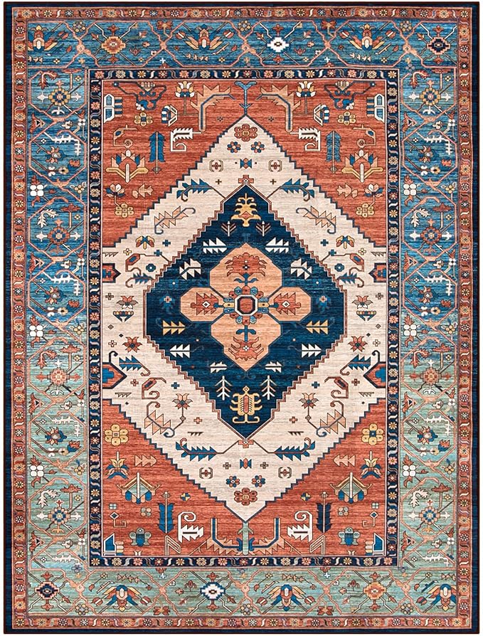 Lahome Area Rugs 9x12 Living Room - Boho Non-Slip Washable Rug Ultra-Thin Stain Resistant Large Carpet Throw Non Shedding Dining Room Mat, Oriental Print Carpet for Bedroom Guest Room (Rust, 9'x12')