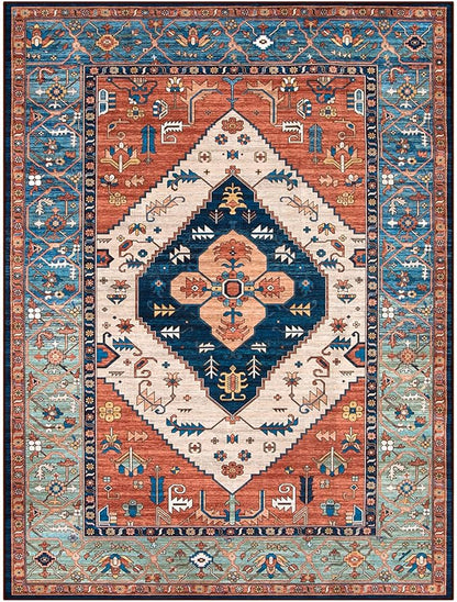 Lahome Area Rugs 9x12 Living Room - Boho Non-Slip Washable Rug Ultra-Thin Stain Resistant Large Carpet Throw Non Shedding Dining Room Mat, Oriental Print Carpet for Bedroom Guest Room (Rust, 9'x12')