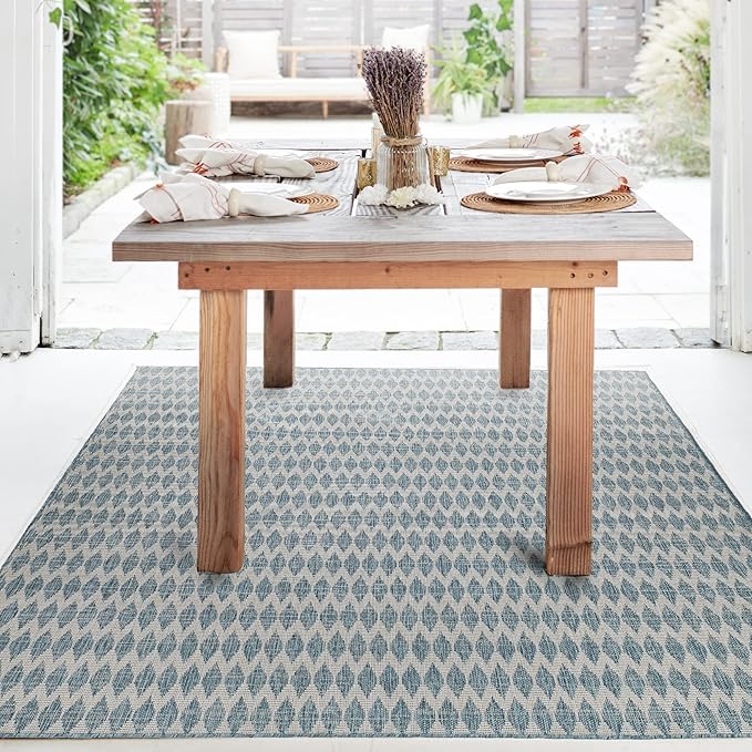 FH Home Flat Woven Outdoor Rug - Waterproof, Easy to Clean, Stain Resistant - Premium Polypropylene Yarn - Geometric - Patio, Porch, Deck, Balcony - Giza - Aqua - 5ft 2in x 7ft 6in