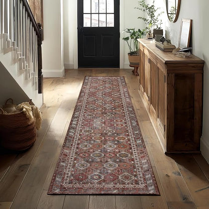 Kuden 2'6"x10 Runner Rug, Machine Washable Area Rug with Non-Slip Backing, Vintage Style, Soft, Easy Clean, Low Pile Rug for Hallway, Entryway, Kitchen, Bedroom
