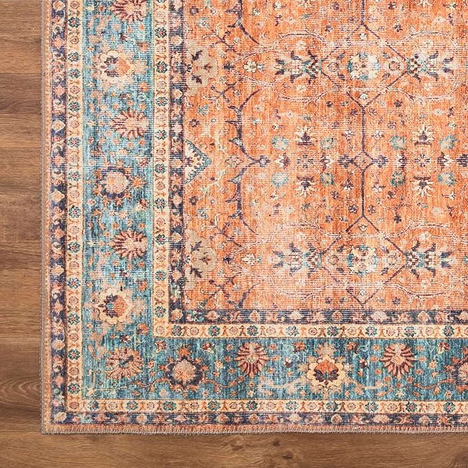 Bloom Rugs Washable Non-Slip 12 ft Runner - Orange/Teal Blue Traditional Bordered Runner for Entryway, Hallway, Bathroom, and Kitchen - Exact Size: 2.5' x 12'