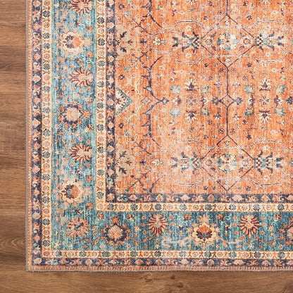 Bloom Rugs Washable Non-Slip 6' x 9' Rug - Orange/Teal Blue Traditional Bordered Area Rug for Living Room, Bedroom, Dining Room, and Kitchen - Exact Size: 6' x 9'