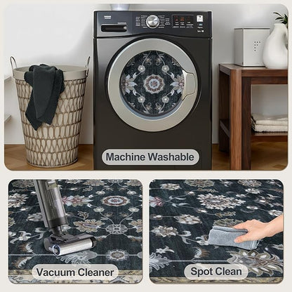 Tangsoo Black 3x5 Rug, Washable Vintage Rugs Indoor Area Rug, Non Slip Accent Rug,Floral Print Carpet, Soft Low Pile Rug for Living Room Dorm Bedroom Bedside Entryway Bathroom