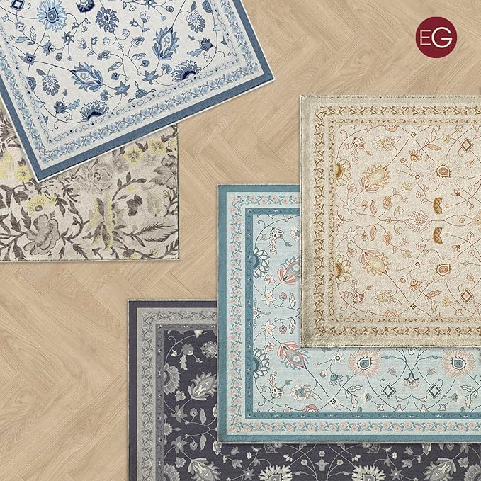 EVERGRACE Area Rugs for Living Room 6x9, Boho Floral Faux Wool Indoor Outdoor Rugs, Washable Rugs for Bedroom Dining Room Entryway Kitchen, Low Pile Floor Mat Carpet for Home Decor, Ebony Black
