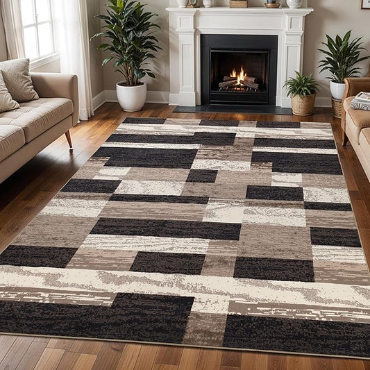 Superior Indoor Area Rug, Foam Backed, Modern Geometric Patchwork Floor Decor for Bedroom, Office, Living Room, Entryway, Hardwood Floors, Rockwood Collection, 10' x 14', Chocolate