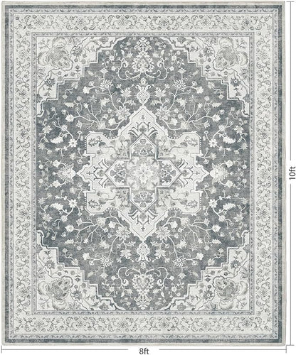 Marsail 8x10 Machine Washable Area Rug,Soft & Slip-Resistant, Vintage Floral Short-Pile with Reinforced Bound Edges, Large Rug for Living Room, Dining Room, Bedroom,Light Grey