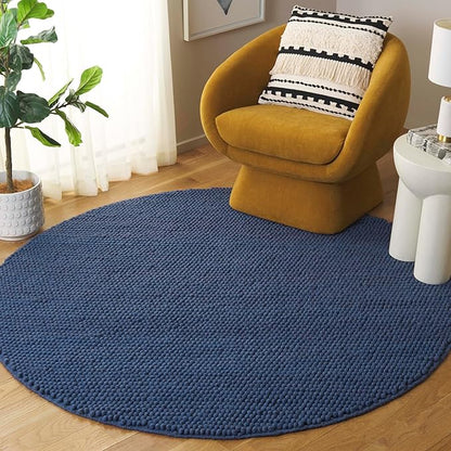 SAFAVIEH Natura Collection Area Rug - 8' Round, Navy & Blue, Handmade Wool Blend, Textured Design, Ideal for Living Room, Bedroom, Dining Space (NAT620M)