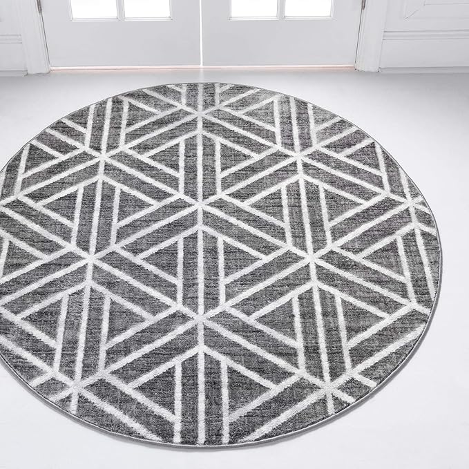 Rugs.com Lattice Trellis Collection Rug – 8 Ft Round Gray Low-Pile Rug Perfect for Kitchens, Dining Rooms