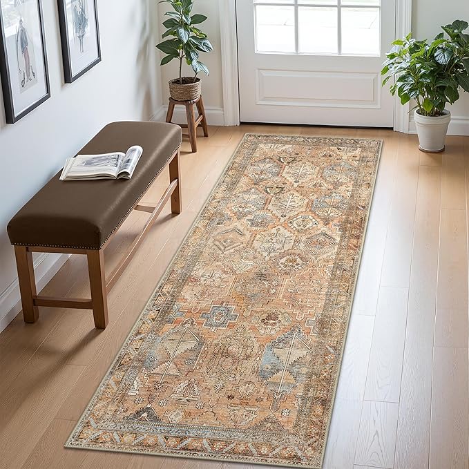 Bavni Runner Rugs 2x5 Kitchen Rug for Hallways Entryway, Washable Vintage Print Carpet, Ultra-Thin Low Pile Lightweight Rug with Non Slip Backing, Sunset Yellow