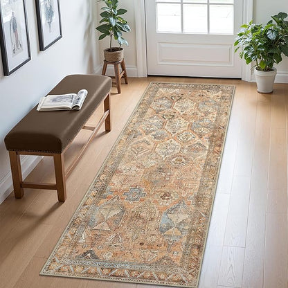 Bavni Runner Rugs 2x7 Kitchen Rug for Hallways Entryway, Washable Vintage Print Carpet, Ultra-Thin Low Pile Lightweight Rug with Non Slip Backing, Sunset Yellow