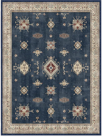 RUGGABLE Washable Vintage Area Rug – Verena Sapphire 9x12, Stain-Resistant, Non-Slip – Large Machine Washable Rugs for Living Room, Bedroom, Hallway, Entryway & Office–with Cushioned Pad