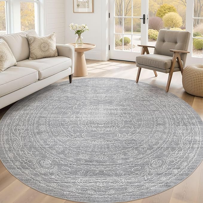 8ft Round Rug Living Room: Washable Large Vintage Rug Neutral Non-Slip Soft Stain Resistant Indoor Carpet for Bedroom Nursery Dining Room Under Table Bed Home House Office Playroom - Grey