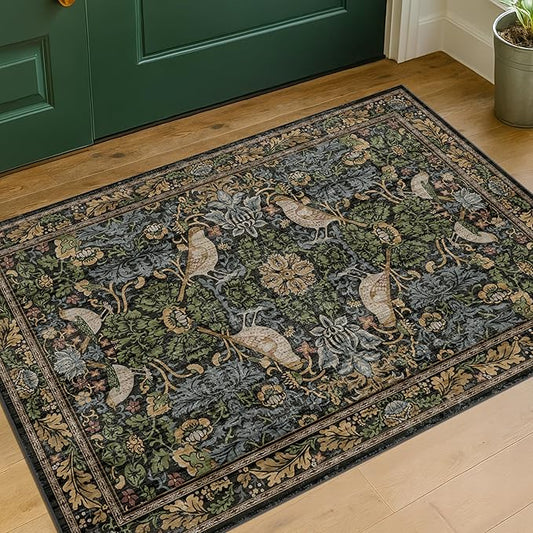 Washable Dark Vintage Floral Rugs for Entryway - Small 2x3 Washable Rug for Kitchen Bathroom Door Mat Indoor Entrance with Bird & Botanical Pattern, Brown Earthy Tones, Non Slip Low Pile