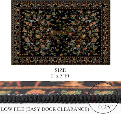 Door Mat Entryway Rug 2x3, Machine Washable Non-Slip Small Area Rug, Boho Floral Low Pile Throw Rugs for Entrance, Front Door, Entry, Kitchen, Kids Room（Black）