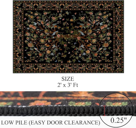 Door Mat Entryway Rug 2x3, Machine Washable Non-Slip Small Area Rug, Boho Floral Low Pile Throw Rugs for Entrance, Front Door, Entry, Kitchen, Kids Room（Black）