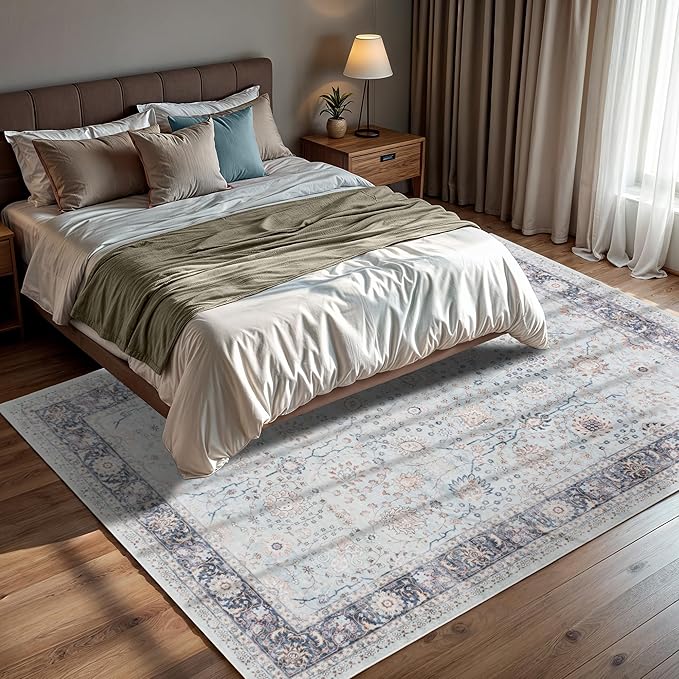 GLN Rugs Traditional Collection - Machine Washable Area Rug, Traditional Washable, Non Slip, Low Pile Chenille Rug, Living Room, Bedroom, Kitchen Rug (8' x 10' Light Blue)