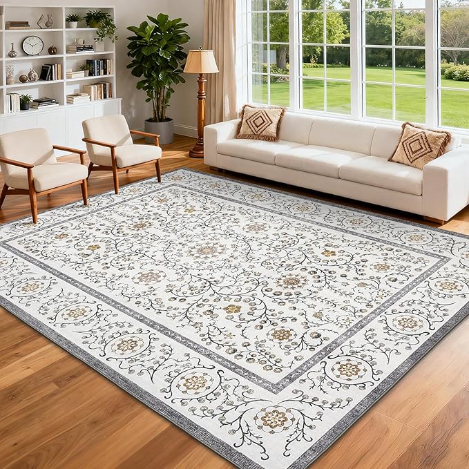 GarveeHome Boho 8x10 Area Rugs for Living Room, Floral Vintage Rugs for Bedroom with Soft Low Pile, Non Slip Stain Resistant Washable Rug 8x10 for Dining Room Grey Large Carpet for Office Playroom