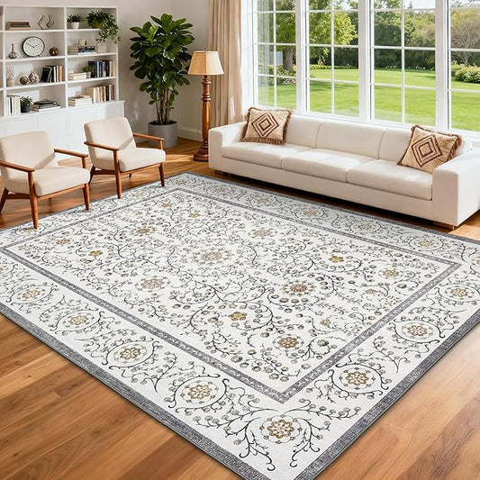 GarveeHome Boho 6x9 Area Rug for Living Room, Floral Vintage Rugs for Bedroom with Soft Low Pile, Non Slip Stain Resistant Botanical Washable Rug 6x9 for Dining Room Grey Carpet for Dorm Office