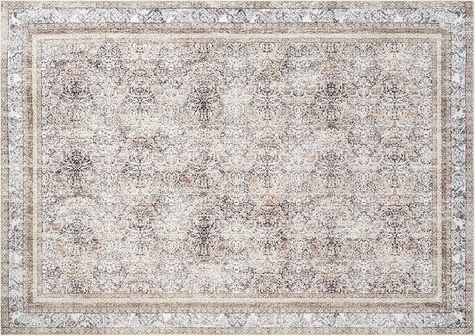 Phantoscope Washable Area Rug 9'x12' Non-Slip, Vintage Neutral Rugs for Living Room, Bedroom, Dining Room, Distressed Boho Floral Medallion Pattern, Low-Pile Foldable Floor Carpet, Light Brown