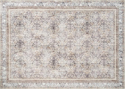 Phantoscope Washable Area Rug 9'x12' Non-Slip, Vintage Neutral Rugs for Living Room, Bedroom, Dining Room, Distressed Boho Floral Medallion Pattern, Low-Pile Foldable Floor Carpet, Light Brown