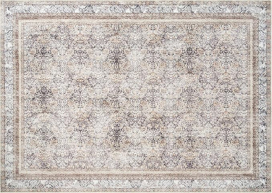 Phantoscope Washable Area Rug 9'x12' Non-Slip, Vintage Neutral Rugs for Living Room, Bedroom, Dining Room, Distressed Boho Floral Medallion Pattern, Low-Pile Foldable Floor Carpet, Light Brown