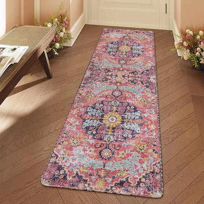 Lahome Bohemian Floral Medallion Runner Rug - 2x6 Hot Pink Hallway Runner Laundry Mat, Machine Washable Non-Slip Soft Indoor Carpet for Bathroom Bedside Basement Camper Home Decor, Fuchsia/Multi