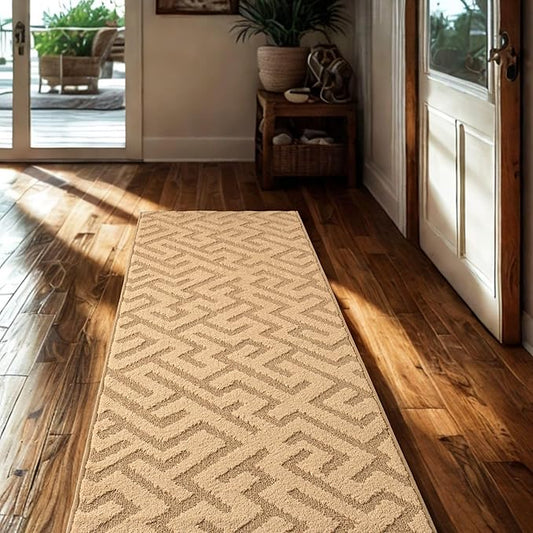 9ft Custom Cut Runner Rug for Narrow Hallways Kitchens - Gold Tan | Non-Slip | Washable & Edge Bound