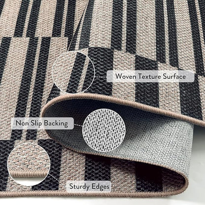 Lahome Striped Easy Jute Rug, 5x7 Outdoor Patio Rug Neutral Dining Room Rug Indoor Outdoor Carpet, Farmhouse Washable Non Slip Black Carpet for Backyard Living Room Office Deck