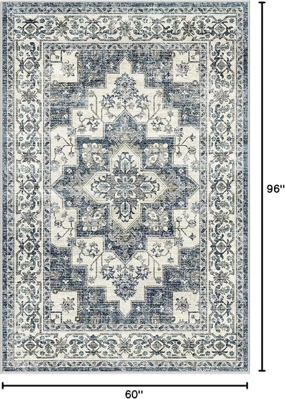 Dripex Vintage Washable Area Rug - 5x8 Distressed Rugs for Living Room Bedroom Oriental Medallion Floral Print Carpet Low-Pile Indoor Soft Non-Slip Accent Rug Farmhouse Office Home Decor