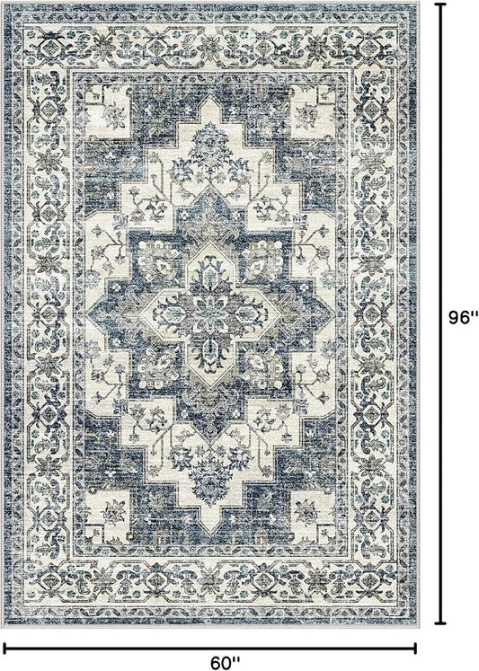 Dripex Vintage Washable Area Rug - 5x8 Distressed Rugs for Living Room Bedroom Oriental Medallion Floral Print Carpet Low-Pile Indoor Soft Non-Slip Accent Rug Farmhouse Office Home Decor
