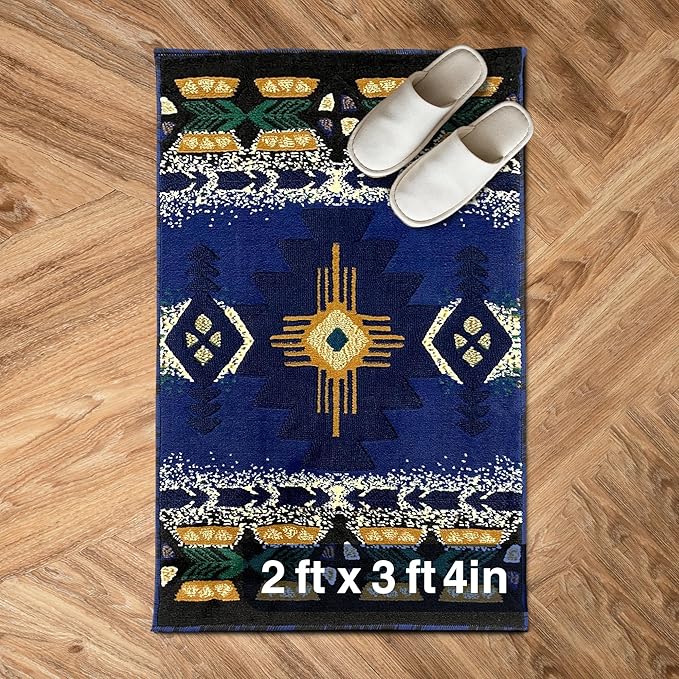 YHSF South West Native American Area Rug C318 - Easy Clean, Thick, Soft, Durable Native Tribal American Indian Inspired Rug for Bedroom/Living Room and More - Navy Blue, 2 Feet x 3 Feet 4 Inches