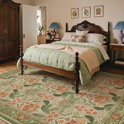 Bavni 9x12 Area Rugs, Floral Machine Washable Rugs for Living Room, Dinning Room, Bedroom, Non Slip Aesthetic Vintage Low Pile Durable Lightweight Farmhouse Rug, Sage Green & Burnt Orange