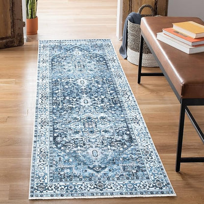Bloom Rugs Caria Washable Non-Slip 10 ft Runner - Navy Blue Traditional Runner for Entryway, Hallway, Bathroom, and Kitchen - Exact Size: 2'6" x 10'