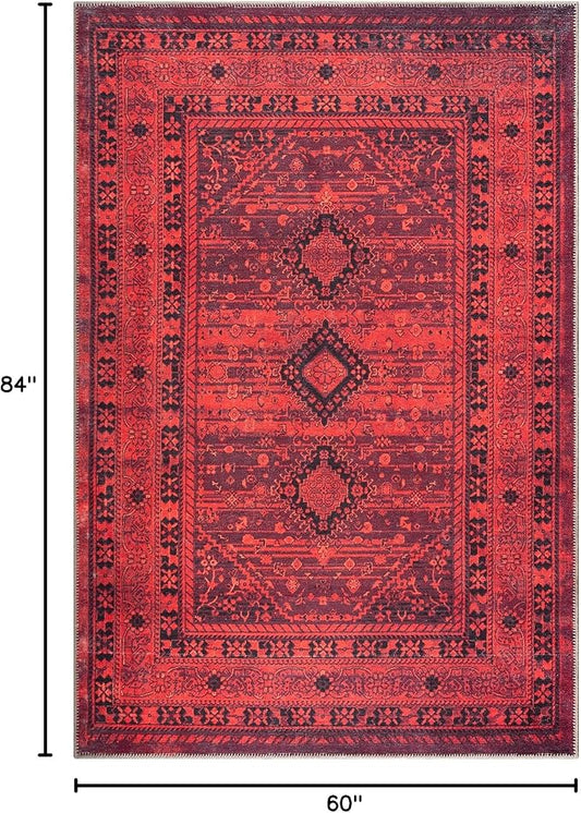 Bloom Rugs Washable Non-Slip 5' x 7' Rug - Red Traditional Bordered Area Rug for Living Room, Bedroom, Dining Room, and Kitchen - Exact Size: 5' x 7'
