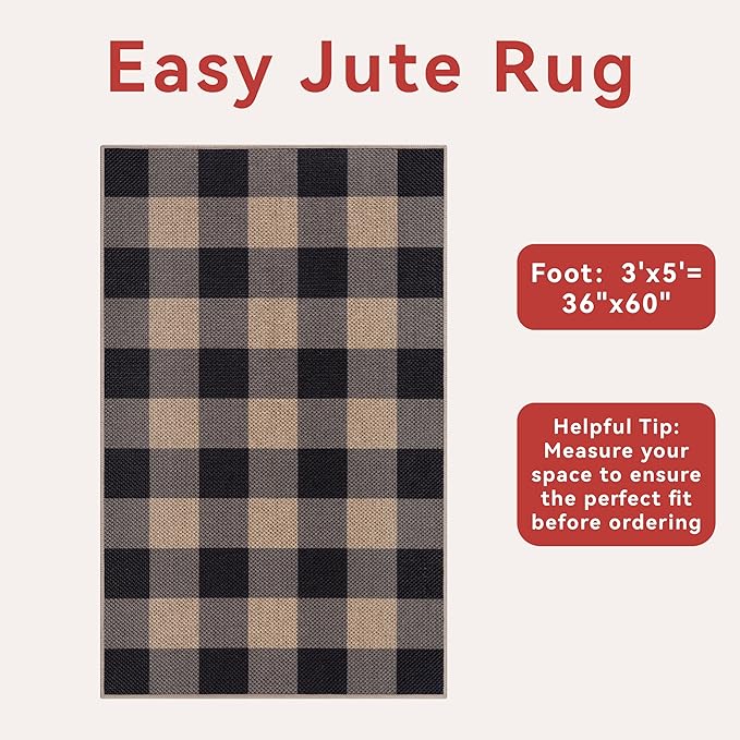 Tangsoo Checkered Easy Jute Rug,3x5 Washable Area Rug for Bedroom,Non-Slip Black Indoor Outdoor Rug Modern Farmhouse Low Pile Carpet for Patio Backyard Entryway