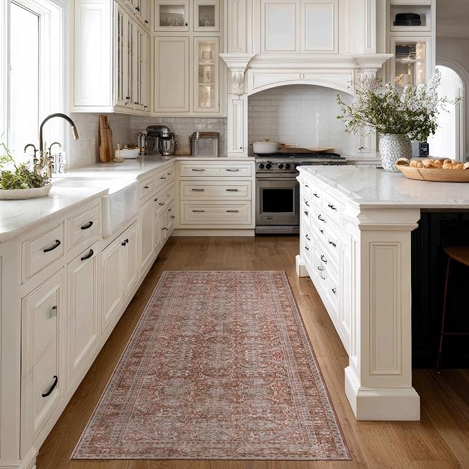 Kuden 2'6"x10 Runner Rug, Machine Washable Area Rug with Non-Slip Backing, Vintage Style, Soft, Easy Clean, Low Pile Rug for Hallway, Entryway, Kitchen, Bedroom