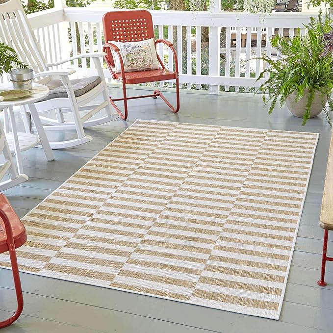 Unique Loom Outdoor Striped Collection Area Rug - Striped (7' 1" x 10' Rectangle, Taupe/Ivory)