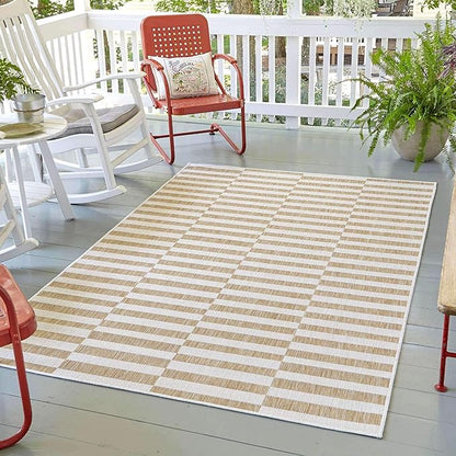 Unique Loom Outdoor Striped Collection Area Rug - Striped (6' 1" x 9' Rectangle, Taupe/Ivory)