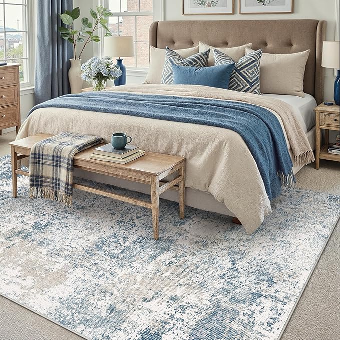 Blue 5x7 Area Rug Washable Modern Abstract Living Room Carpet Non Slip Neutral Low Pile Soft Contemporary Aesthetic Indoor Rug for Kitchen Office Laundry Bedroom Dining Room