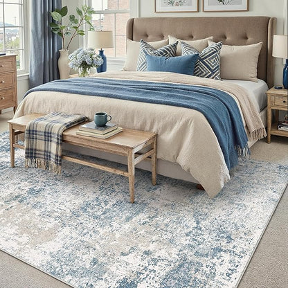 Blue 5x7 Area Rug Washable Modern Abstract Living Room Carpet Non Slip Neutral Low Pile Soft Contemporary Aesthetic Indoor Rug for Kitchen Office Laundry Bedroom Dining Room