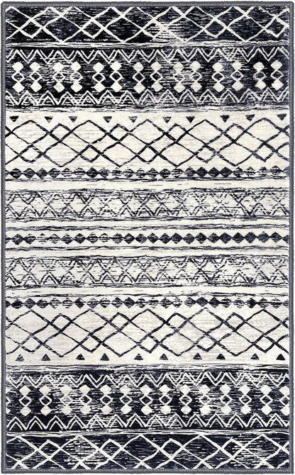 KUTA Boho Moroccan 3x5 Rugs for Entryway, Black Non-Slip Washable Low-Pile Living Room Area Rug, Ultra Soft Distressed Geometric Print Throw Carpet for Entrance, Bedroom, Nursery, Dorm, Kitchen