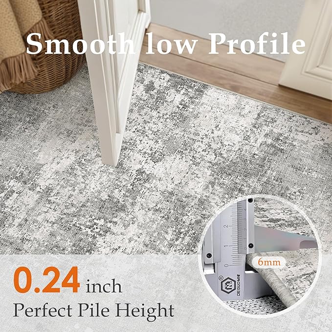 6x9 Grey Area Rug Washable Modern Abstract Living Room Carpet Non Slip Neutral Low Pile Soft Contemporary Gray Bedroom Large Rug Indoor Office Dining Room Playroom
