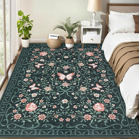 GarveeHome Washable Floral Area Rug 5x7 for Living Room Non Slip Bedroom Rug Soft Stain Resistant Large Dining Room Throw Carpet Low Pile Black Bow Rugs Butterfly Flower Carpet for Nursery Entry, 5x7