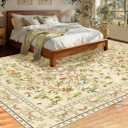 8x10 Area Rugs for Living Room, Machine Washable Non-Slip Carpet, Boho Floral Low Pile Throw Rugs for Bedroom, Dining Room, Office, Nursery, Vintage Home Decor（Beige）
