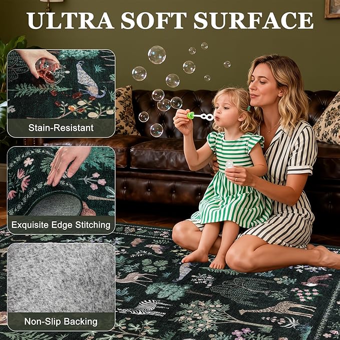 9x12 Area Rugs Living Room Rug: Vintage Washable Rug Floral Soft Carpet Indoor Floor Non-Slip Boho Stain Resistant Large Carpets for Bedroom Kids Nursery Dining Room Farmhouse Home Office Green