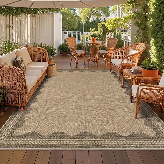 Easy Jute Rug 8x10 Outdoor Rug Scalloped Washable Rugs for Living Room Bedroom Non Slip Neutral Farmhouse Indoor Outdoor Carpet for Backyard Patio Office