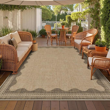 Easy Jute Rug 8x10 Outdoor Rug Scalloped Washable Rugs for Living Room Bedroom Non Slip Neutral Farmhouse Indoor Outdoor Carpet for Backyard Patio Office