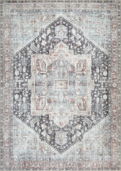 Bloom Rugs Washable Non-Slip 8' x 10' Rug - Charcoal/Brown Traditional Medallion Area Rug for Living Room, Bedroom, Dining Room, and Kitchen - Exact Size: 8' x 10'