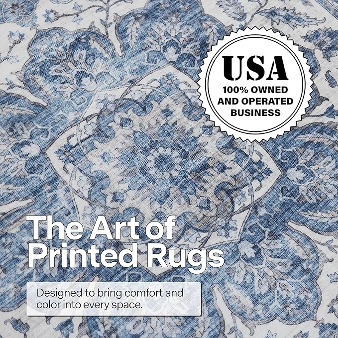 ReaLife Rugs Machine Washable Area Rug Runner - Living Room Bedroom Bathroom Kitchen Entryway Office - Padded Low Pile Stain Resistant Premium - Boho Farmhouse Vintage - Joy - Blue Ivory 2'6" x 6'